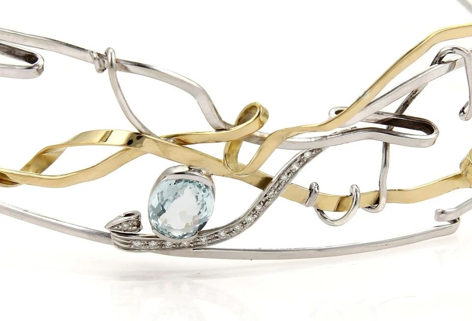 AQUAMARINE DIAMOND TIARA/NECKLACE 18K TWO TONE GOLD TWISTED WIRE HAND MADE (1 of 2)