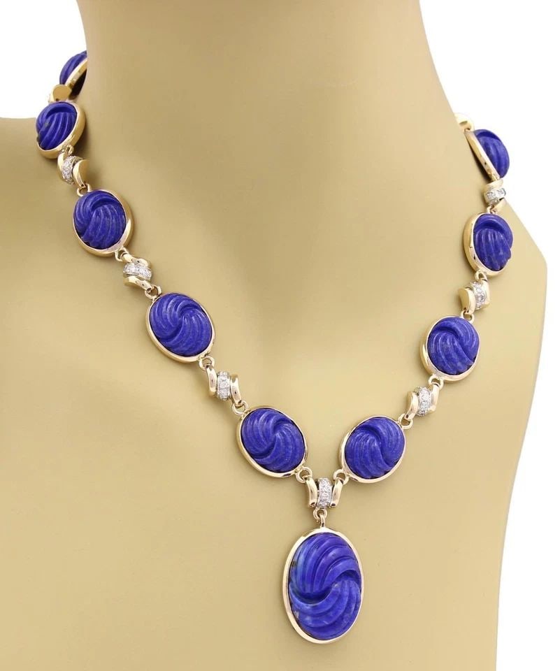 ESTATE 1.3CT DIAMOND CARVED LAPIS 14K TWO TONE GOLD FANCY PENDANT NECKLACE (1 of 2)