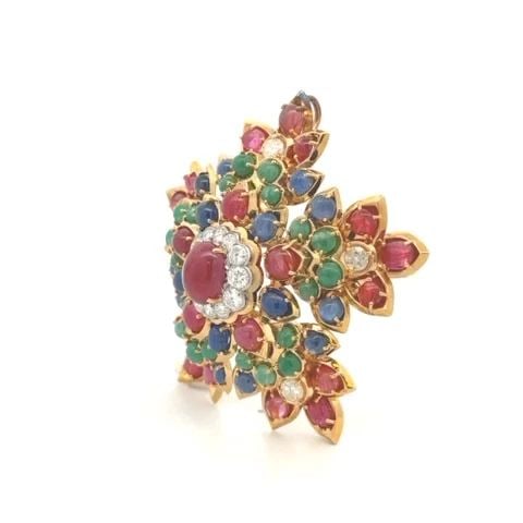 18K DIAMOND FRENCH LARGE GOLD FLORAL BROOCH PENDANT SAPPHIRE RUBY EMERALD (1 of 2)