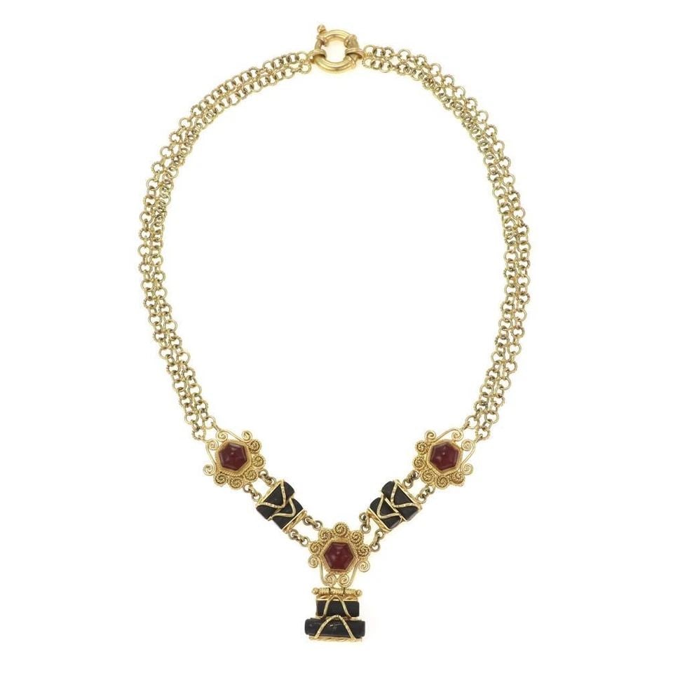 ESTATE 18K YELLOW GOLD RUBY ONYX FANCY PENDANT & CHAIN NECKLACE (1 of 2)