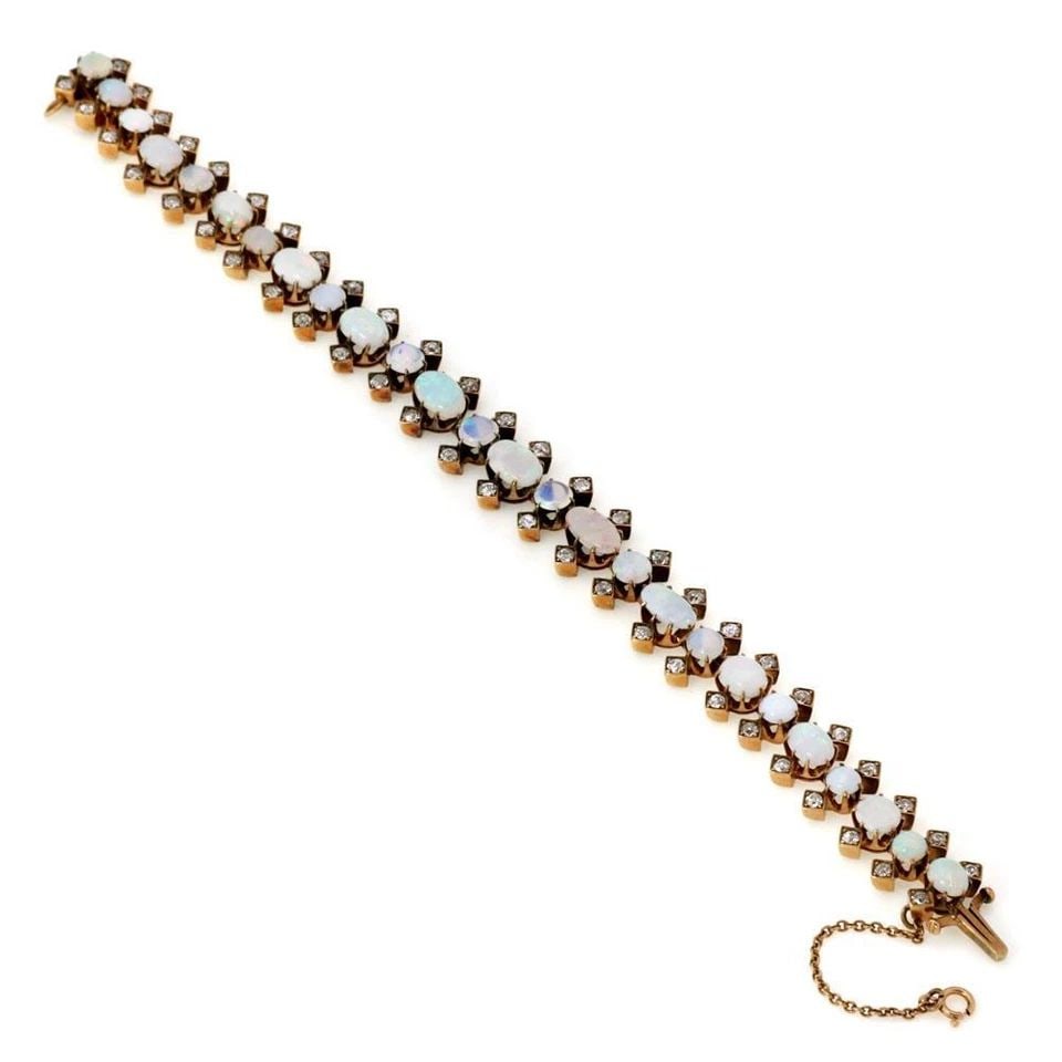 VICTORIAN 18.00CT OLD MINE CUT DIAMOND & OPAL 18K GOLD FANCY BRACELET (1 of 2)