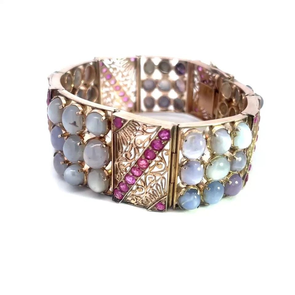 RUBY STAR SAPPHIRE GOLD BRACELET 8K ART DECO WHITE FILIGREE RECTANGLE LINKS (1 of 2)