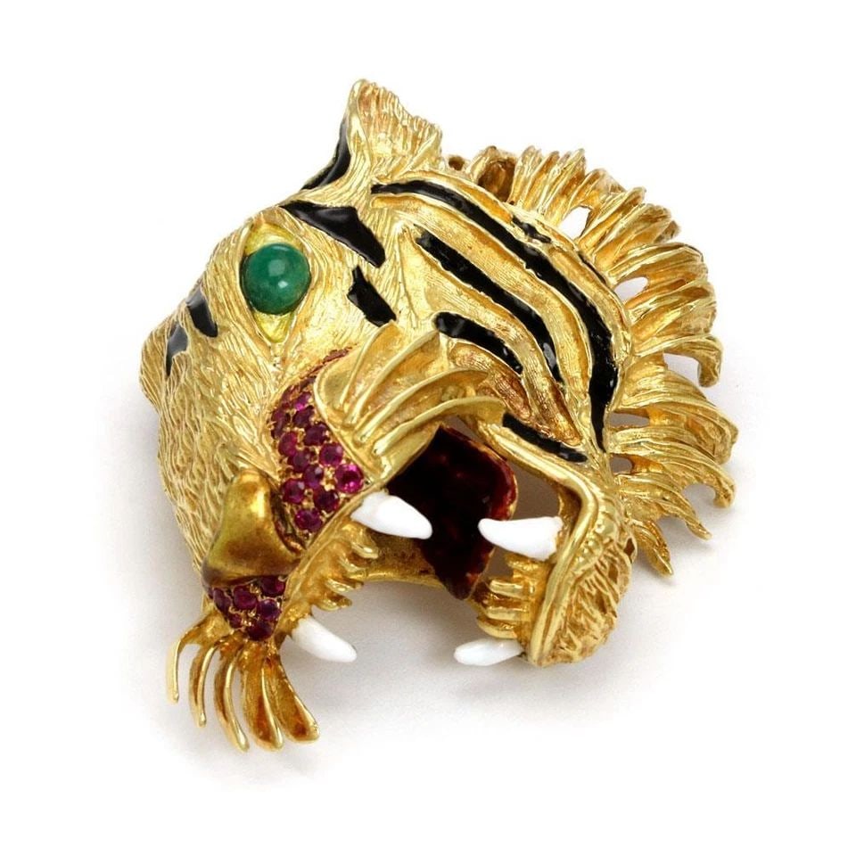 ESTATE 1.75CT RUBY & EMERALD ENAMEL 3D 18K YELLOW GOLD TIGER HEAD BROOCH (1 of 2)
