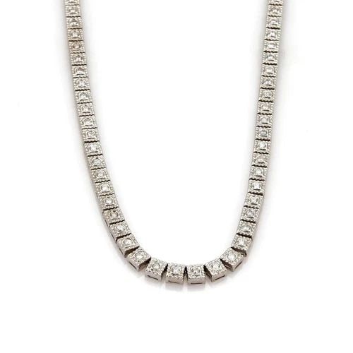 DIAMOND NECKLACE 14K WHITE GOLD MILGRAIN SQUARE LINK TENNIS NECKLACE: DIAMOND NECKLACE 14K WHITE GOLD MILGRAIN SQUARE LINK TENNIS NECKLACE This 14k white gold milgrain square link tennis necklace features a row of round-cut natural diamonds, creating a stunning display 