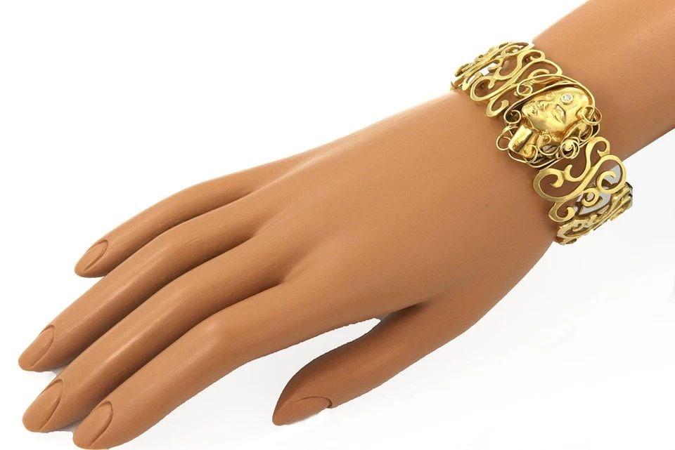 ART NOUVEAU DIAMOND 18K YELLOW GOLD SCROLL WOMAN CAMEO WIDE BRACELET (1 of 1)