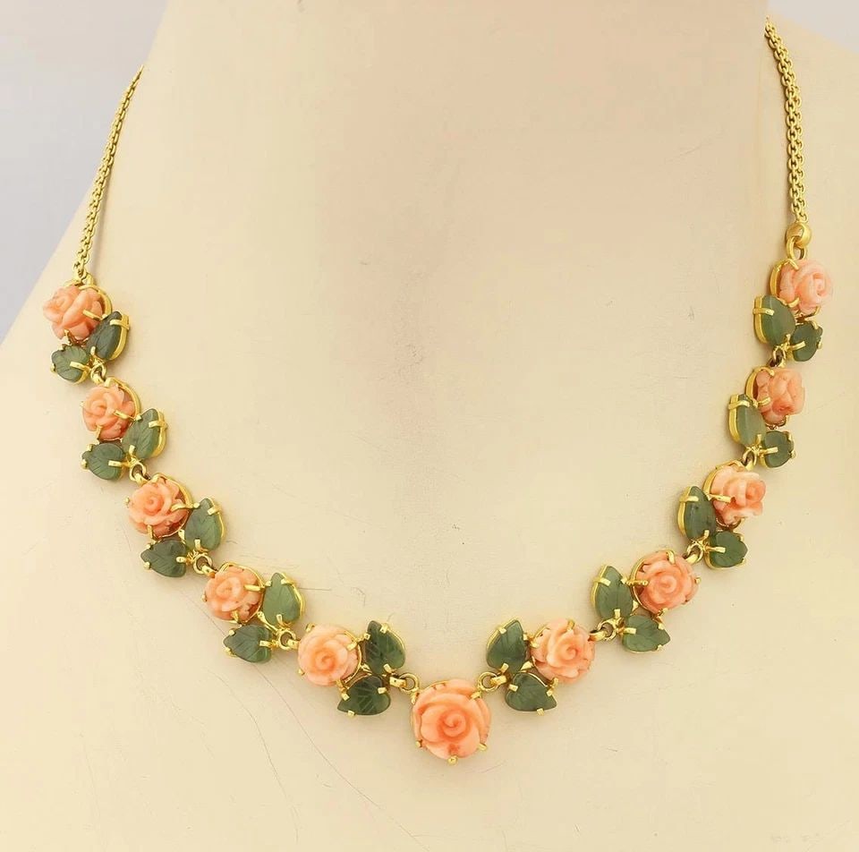 GOLD CORAL JACE NECKLACE 22K YELLOW CARVED ROSES & LEAVES (1 of 2)