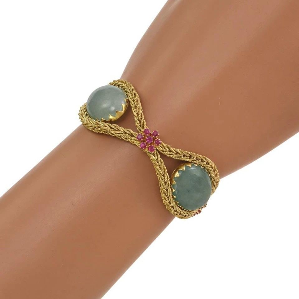 BEAUTIFUL 1.50CT RUBY JADE 18K YGOLD FANCY WOVEN CHAIN FLORAL BRACELET (1 of 1)