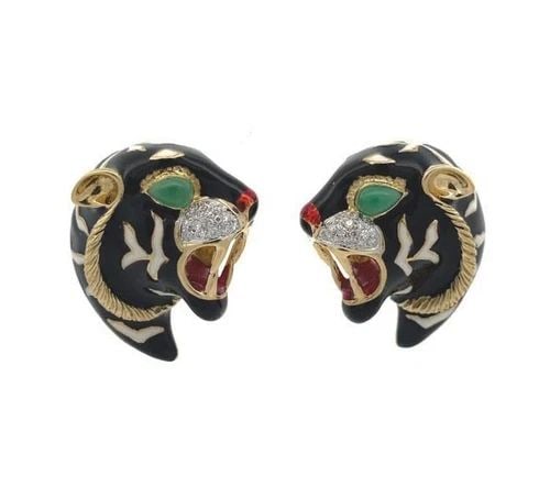 EARRINGS DIAMOND & GEMSTONES TIGER/PANTHER HEAD POST CLIP HUGGIE 18K: These earrings feature a unique design with a tiger/panther head motif, set with natural white diamonds and gemstones. Crafted with 18k gold, the earrings have an omega back closure for secure wear. T