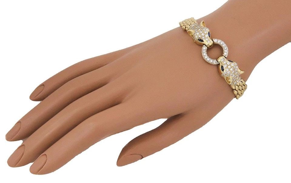 DIAMOND & SAPPHIRE PANTHER BRACELET 18K YELLOW GOLD DOOR KNOCKER DOUBLE HEAD (1 of 1)