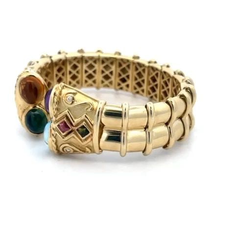 DIAMOND & GEMS CUFF BRACELET 14K YELLOW GOLD DOUBLE BAND DENOIR ITALIAN: DIAMOND & GEMS CUFF BRACELET 14K YELLOW GOLD DOUBLE BAND DENOIR ITALIAN This beautiful cuff bracelet is by designer Denoir, it is crafted from 14k yellow gold featuring a double stack polished band wi