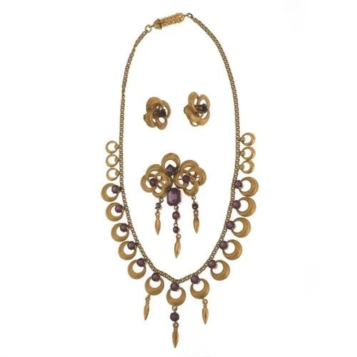 VICTORIAN PORTUGUESE 19K GOLD 15.55CT AMETHYST NECKLACE BROOCH EARRINGS SET (1 of 1)