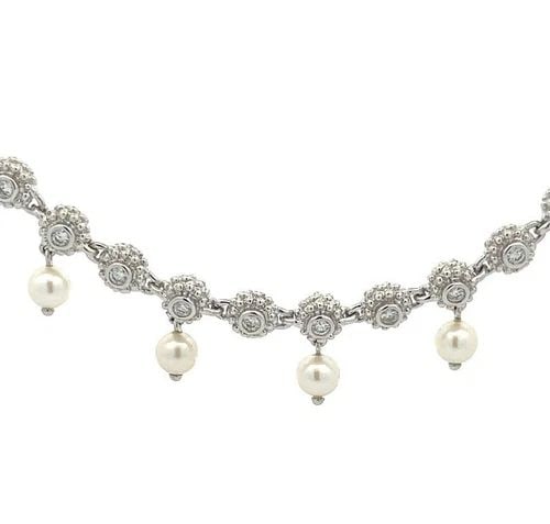 DIAMOND PEARLS 18K WHITE GOLD ETRUSCAN BEAD LINK COLLAR NECKLACE (1 of 1)