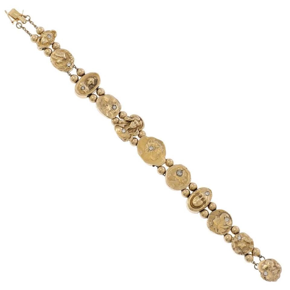 ART NOUVEAU DIAMOND 14K YELLOW GOLD CAMEO SLIDE CHARMS BRACELET (1 of 2)