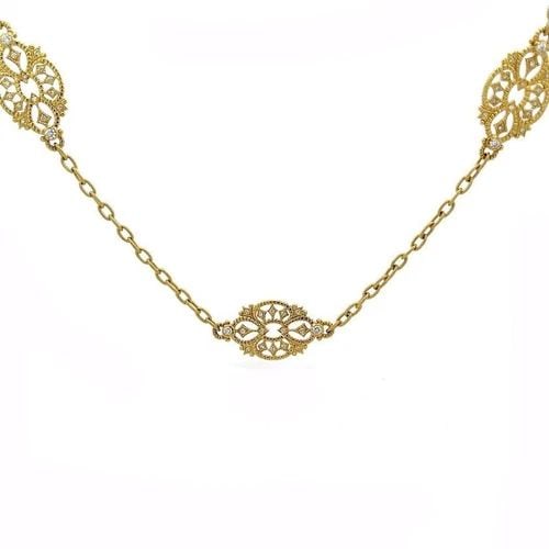 JUDITH RIPKA DIAMOND NECKLACE 18K YELLOW 10 GOLD FLORAL MOTIFS 34" LONG: JUDITH RIPKA DIAMOND NECKLACE 18K YELLOW 10 GOLD FLORAL MOTIFS 34" LONG This beautiful long authentic necklace is by Judith Ripka, it is crafted from 18k yellow gold featuring a fine textured oval lin