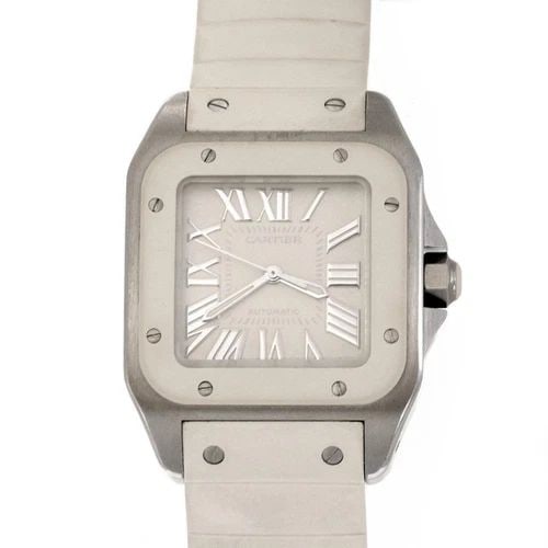 CARTIER SANTOS 100 AUTOMATIC STEEL WHITE RUBBER BAND MIDSIZE WATCH 2878: CARTIER SANTOS 100 AUTOMATIC STEEL WHITE RUBBER BAND MIDSIZE WATCH 2878 Cartier Santos 100 Automatic Steel White Rubber Band Midsize Watch 2878 Description This is an authentic automatic midsize wrist