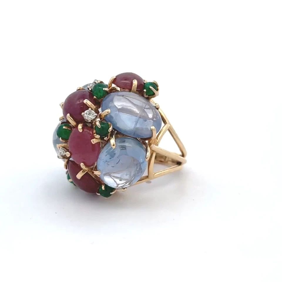 VINTAGE DIAMONDS & SAPPHIRE RUBY EMERALD 13K YELLOW GOLD LARGE DOME RING: VINTAGE DIAMONDS & SAPPHIRE RUBY EMERALD 13K YELLOW GOLD LARGE DOME RING Vintage Diamonds & Sapphire Ruby Emerald 13k Yellow Gold Large Dome Ring Description This is a large high come shape vintage ri
