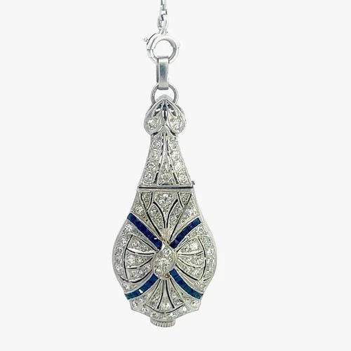 70527 ART DECO PLATINUM WATCH PENDANT DIAMOND 18K WHITE GOLD CHAIN (1 of 1)