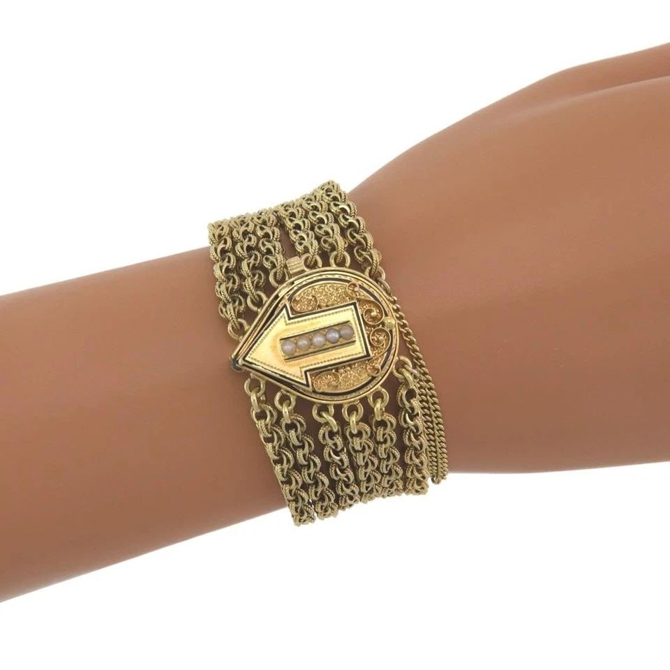 PEARL BRACELET 14K YELLOW GOLD ARROW ENHANCER 6 STRAND CHAIN VICTORIAN (1 of 1)