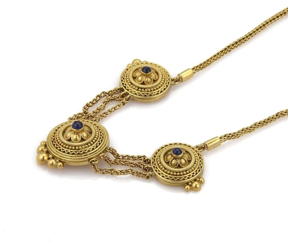 VINTAGE SAPPHIRE 22K YELLOW GOLD TRIPLE CENTER PENDANT WOVEN CHAIN NECKLACE (1 of 2)