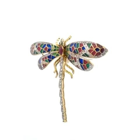 DIAMOND PLIQUE-À-JOUR 18K BROOCH DRAGONFLY GEMSTONE ENAMEL YELLOW GOLD: DIAMOND PLIQUE-À-JOUR 18K BROOCH DRAGONFLY GEMSTONE ENAMEL YELLOW GOLD This is a magnificent brooch. It features an 18k yellow gold large dragonfly with multicolor enamel plique-a-jour wings accented