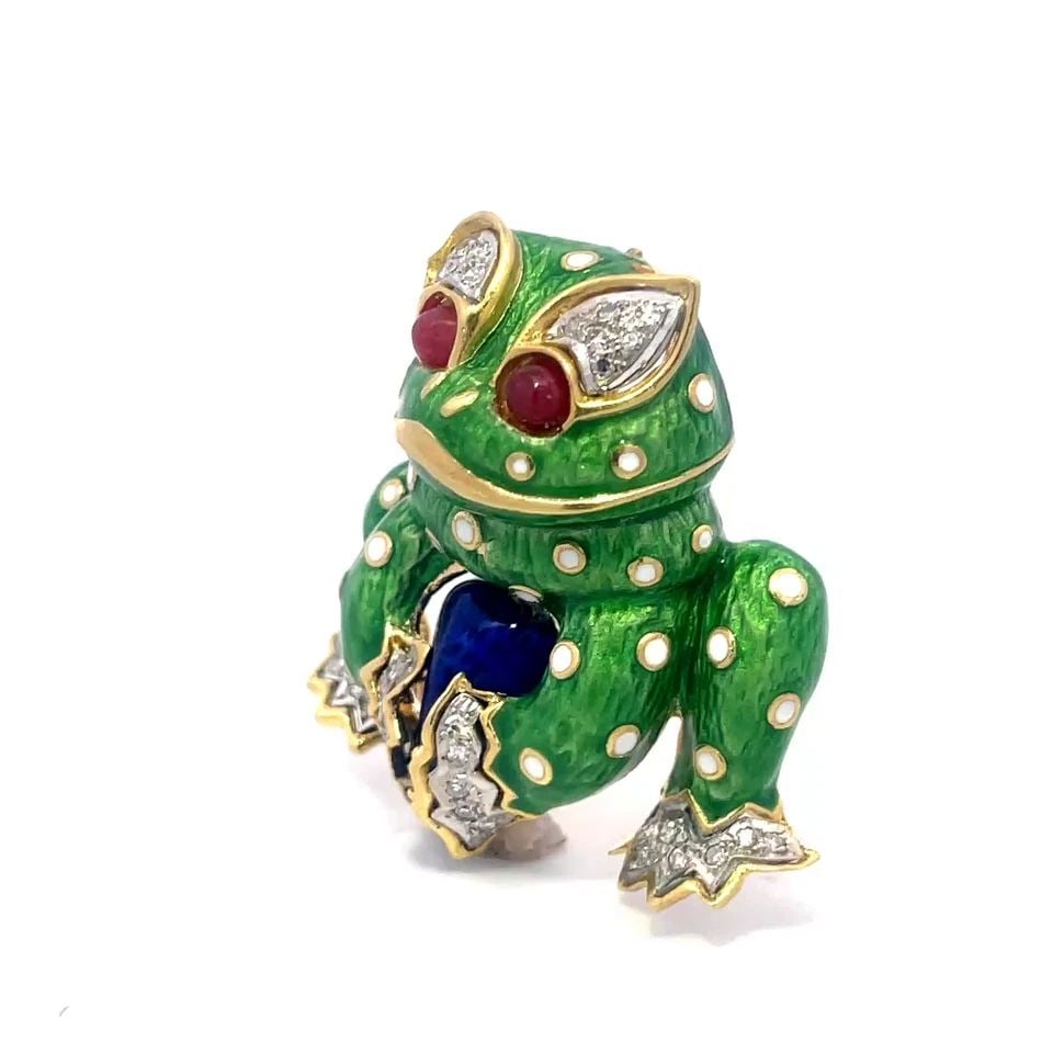 DIAMOND RUBY GOLD FROG BROOCH ENAMEL VINTAGE 18K YELLOW (1 of 2)