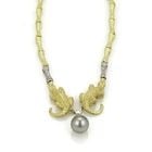 DIAMOND GOLD PEARL NECKLACE 18K YELLOW ALLIGATOR LOG MOTIF BAMBOO LINKS: DIAMOND GOLD PEARL NECKLACE 18K YELLOW ALLIGATOR LOG MOTIF BAMBOO LINKS This unique combination of natural elements features an 18k yellow gold with a textured finish featuring long bamboo shaped link