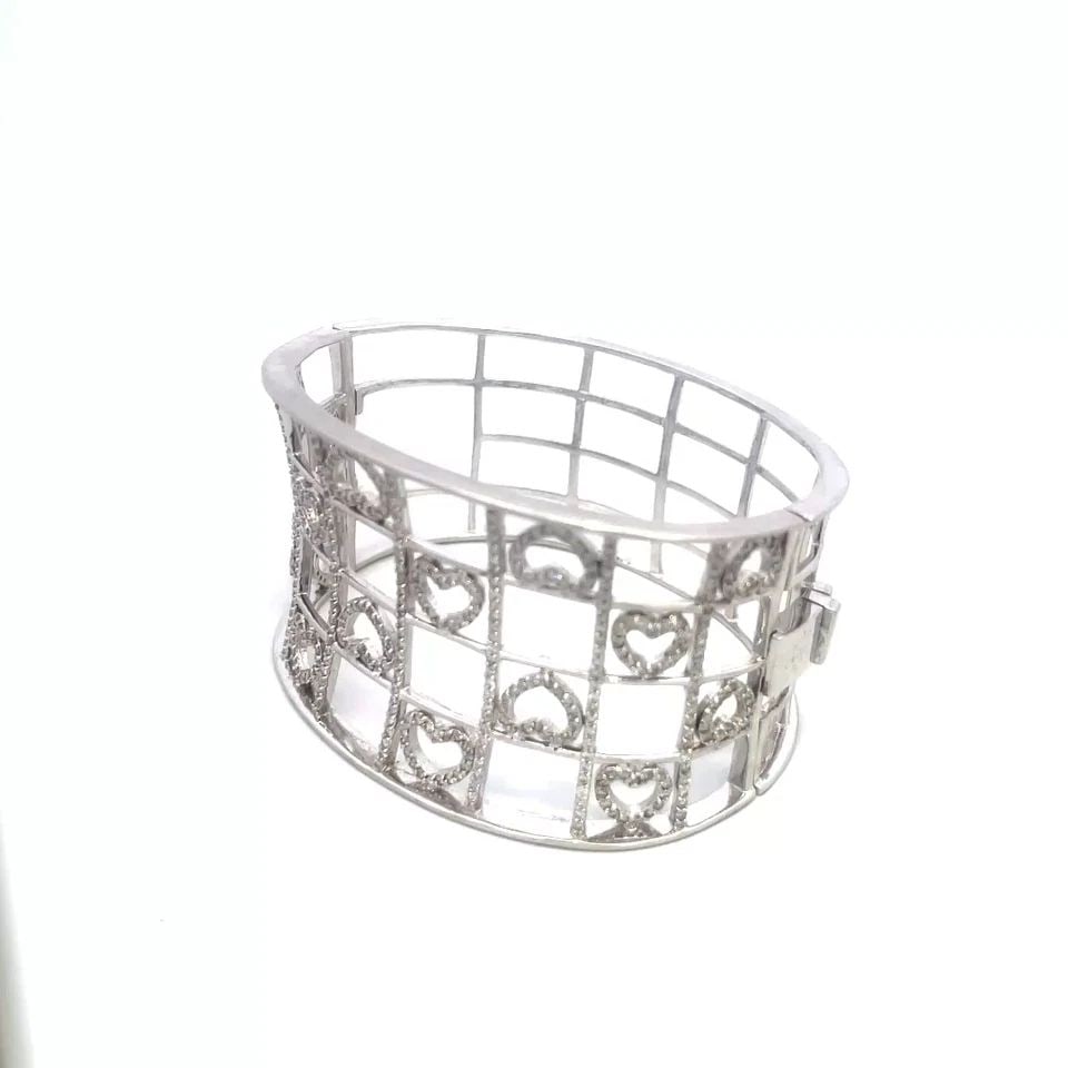 DIAMOND GOLD WIDE BRACELET 14K WHITE PAVE SET HEART OPEN GATE STYLE BAND (1 of 2)