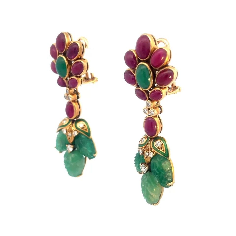 RUBY EMERALD GOLD EARRINGS 17K YELLOW DIAMOND FLORAL DANGLE STYLE (1 of 2)