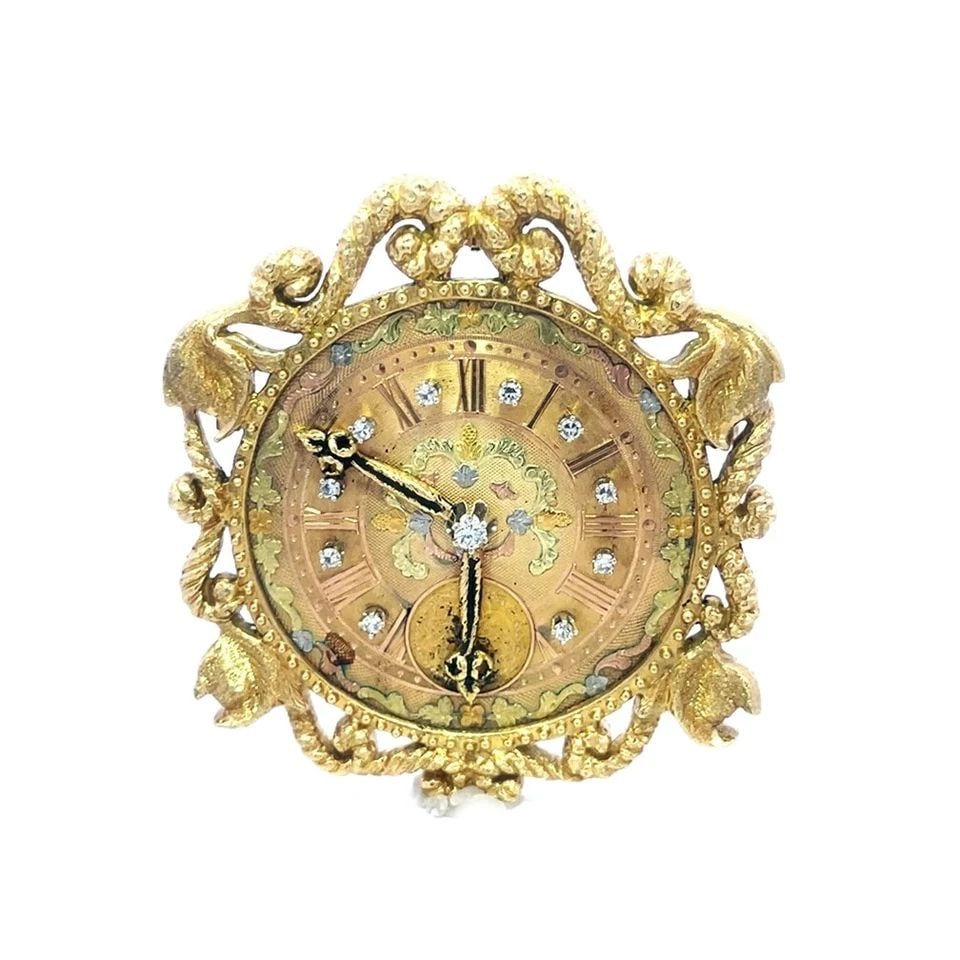 RETRO DIAMOND GOLD CLOCK PENDANT/PIN 18K 13K SCROLL FRAME LARGE (1 of 2)