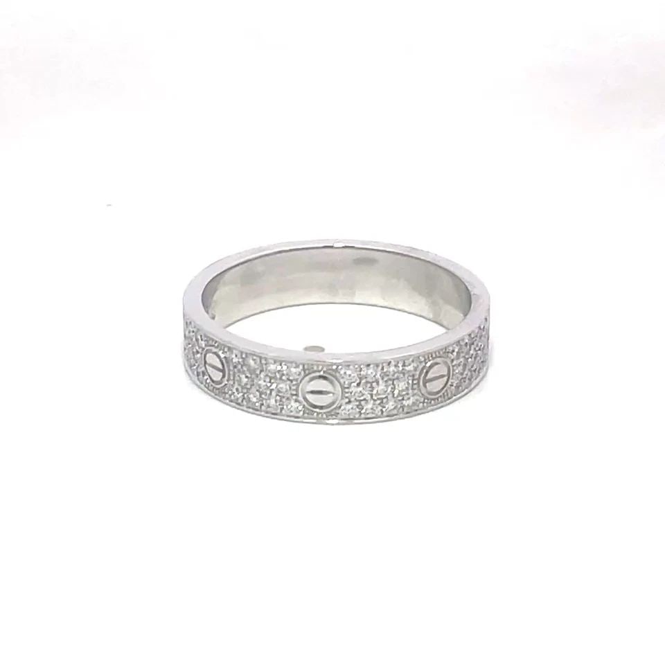 CARTIER LOVE RING GOLD SMALL MODEL PAVED DIAMOND 18K WHITE BOX PAPER SIZE 9: CARTIER LOVE RING GOLD SMALL MODEL PAVED DIAMOND 18K WHITE BOX PAPER SIZE 9 The Cartier Love Small Model Diamond Ring is a stunning piece of fine jewelry made of 18k white gold. It features pave set d