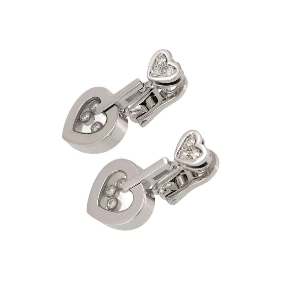 CHOPARD HAPPY DIAMOND EARRINGS 18K WHITE GOLD DROP DOUBLE HEARTS: CHOPARD HAPPY DIAMOND EARRINGS 18K WHITE GOLD DROP DOUBLE HEARTS Chopard Happy Diamond 18k White Gold Double Hearts Dangle Earrings Description This elegant authentic pair of earrings are by Chopard f