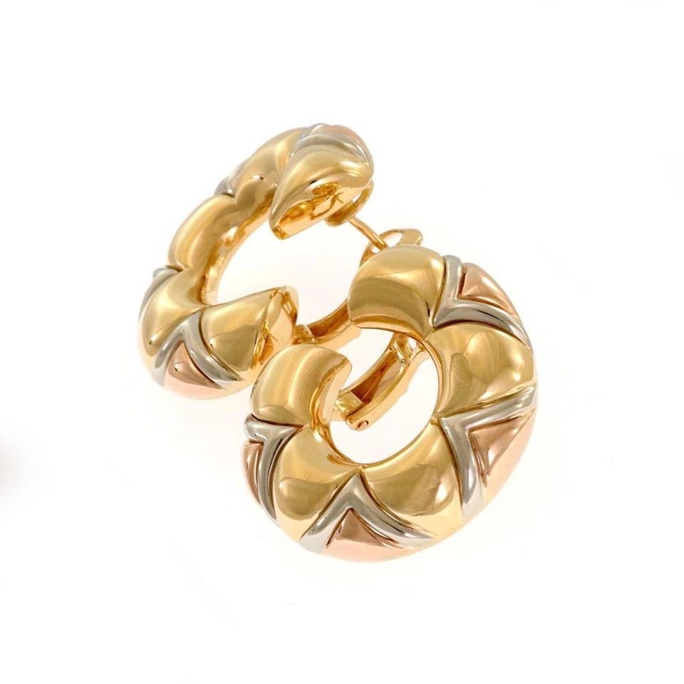 BVLGARI 18K TRI-COLOR GOLD FANCY DESIGNER HUGGIE EARRINGS (1 of 2)