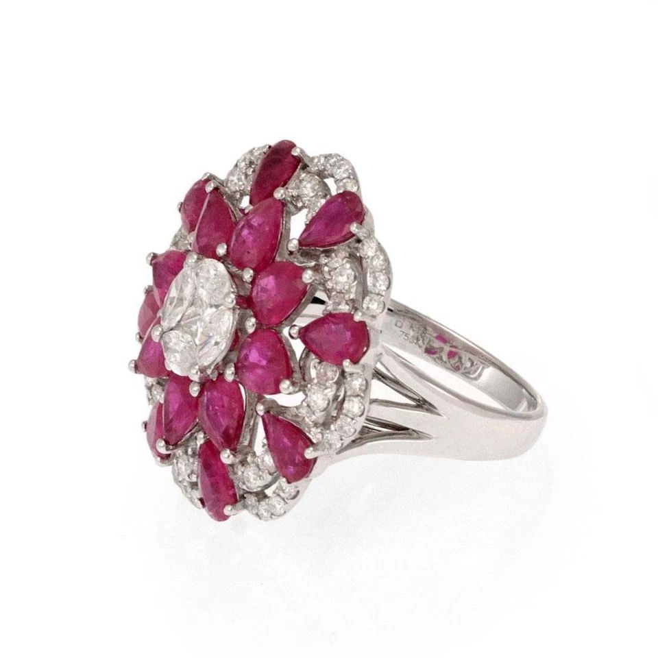DIAMOND RUBY COCKTAIL RING 18K WHITE GOLD ROUND FLORAL ESTATE 5.30 CT (1 of 2)