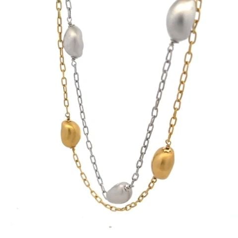 ROBERTO COIN NUGGET NECKLACE 18K TWO TONE GOLD DOUBLE STRAND TOGGLE CLASP: ROBERTO COIN NUGGET NECKLACE 18K TWO TONE GOLD DOUBLE STRAND TOGGLE CLASP This authentic double strand necklace is by Roberto Coin from his Nugget Collection. It is crafted from 18k yellow and white g