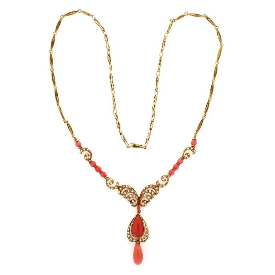 VINTAGE CORAL & DIAMOND FANCY BEADED PENDANT & CHAIN NECKLACE (1 of 2)