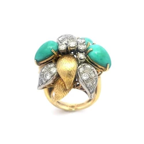 DIAMOND TURQUOISE HAREM RING 18K GOLD FLORAL STYLE SPLIT SHANK (1 of 1)
