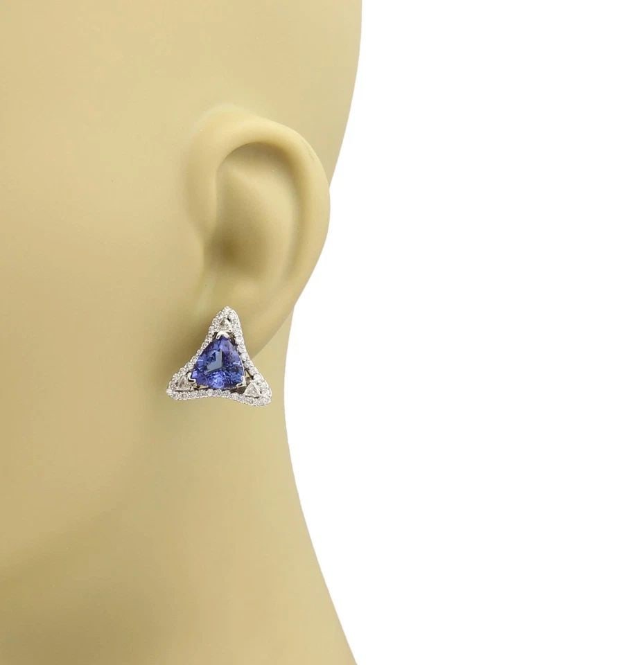 EARRINGS DIAMOND & GEMSTONE 14K WHITE GOLD FANCY TRIANGLE STUDS ESTATE (1 of 2)