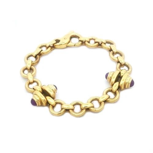 GOLD 18K CHAIN BRACELET YELLOW GEMSTONE MOTIFS ROUND LINK STYLE ITALY (1 of 1)