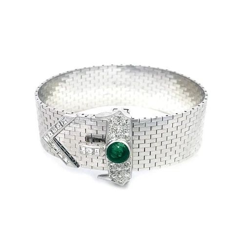 DIAMOND & GEMS GOLD BRACELET 13-14K WHITE PAVE SET BELT BUCKLE AND BAND: DIAMOND & GEMS GOLD BRACELET 13-14K WHITE PAVE SET BELT BUCKLE AND BAND Elevate your jewelry collection with this gold belt style bracelet, it is a stunning piece of vintage jewelry featuring a natura