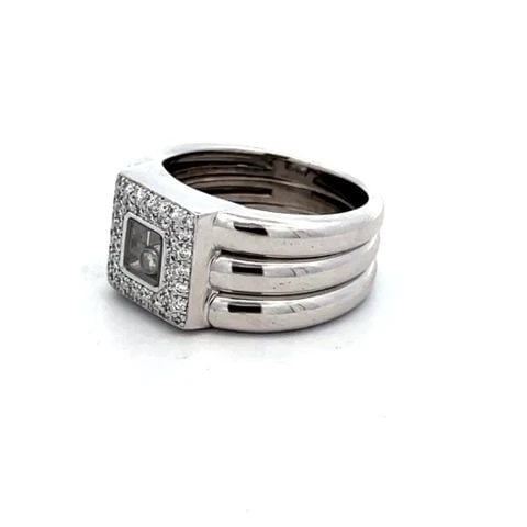 68018 CHOPARD HAPPY DIAMOND 18K WHITE GOLD SQUARE BEZEL WIDE MEN'S RING: 68018 CHOPARD HAPPY DIAMOND 18K WHITE GOLD SQUARE BEZEL WIDE MEN'S RING This is an authentic men's ring by Chopard from the Happy Diamond Collection, it is crafted from 18k white gold featuring a trip