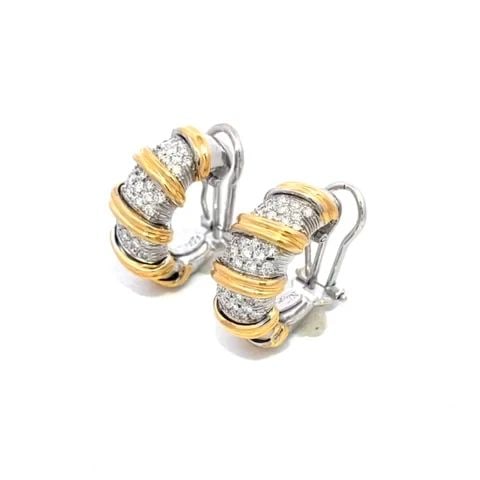 ROBERTO COIN NABUCCO HOOP EARRINGS DIAMOND 18K GOLD TWO TONE: ROBERTO COIN NABUCCO HOOP EARRINGS DIAMOND 18K GOLD TWO TONE Elegant and authentic from the Nabucco Collection by Roberto Coin, these earrings are crafted from 18k yellow and white gold featuring a ha