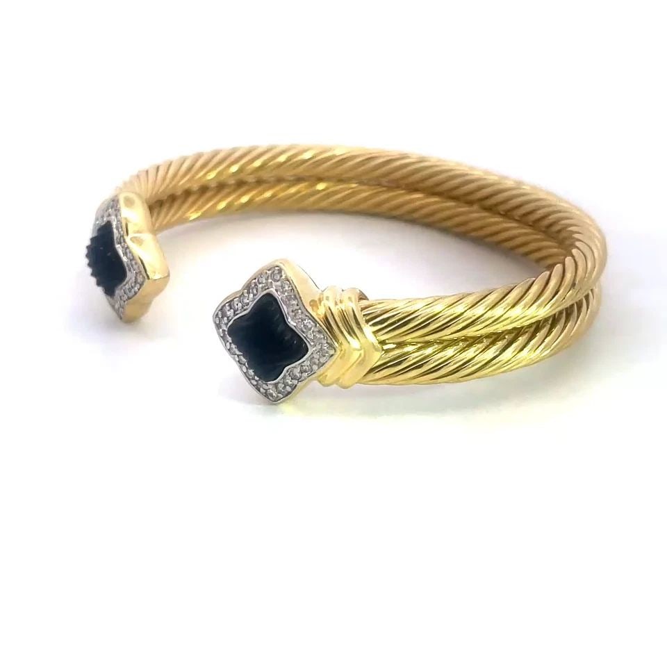 YURMAN QUATREFOIL GOLD CUFF BRACELET DIAMOND ONYX DOUBLE CABLE BAND (1 of 2)
