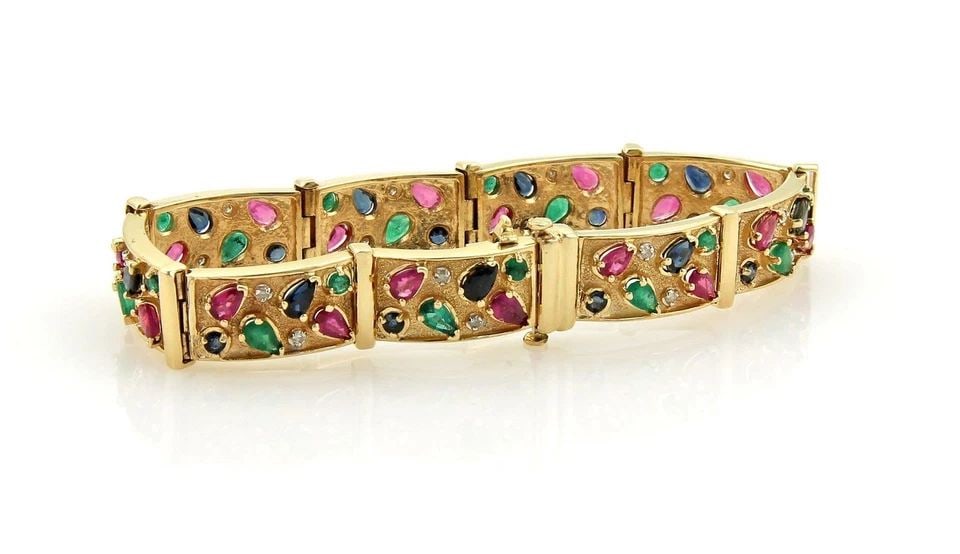 DIAMOND & GEMS GOLD BRACELET 14K YELLOW GOLD PANEL LINKS (1 of 2)