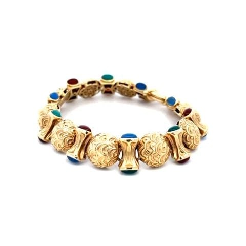 14K MULTICOLOR STONES BRACELET YELLOW GOLD WIDE DOME BUTTON LINK ENGRAVED DESIGN (1 of 1)