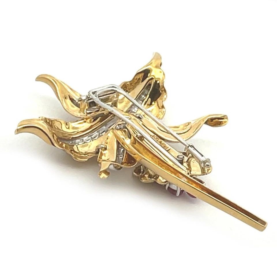 SPRITZER & FURMAN DIAMOND BROOCH RUBY 18K GOLD LEAF PETALS FLOWER PIN (1 of 2)