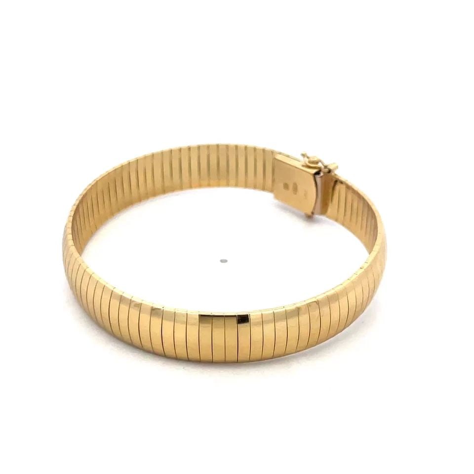 CHIAMPESAN OMEGA GOLD BRACELET 18K YELLOW DOME SHAPE WIDE BAND: CHIAMPESAN OMEGA GOLD BRACELET 18K YELLOW DOME SHAPE WIDE BAND The Chiampesan Omega Gold Bracelet is a stunning piece of fine jewelry crafted from 18k yellow gold. The dome shape wide band design give