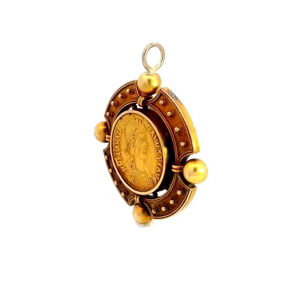 GOLD 23K ROMAN COIN ROUND PENDANT 18K YELLOW FRAME ANCIENT (1 of 2)