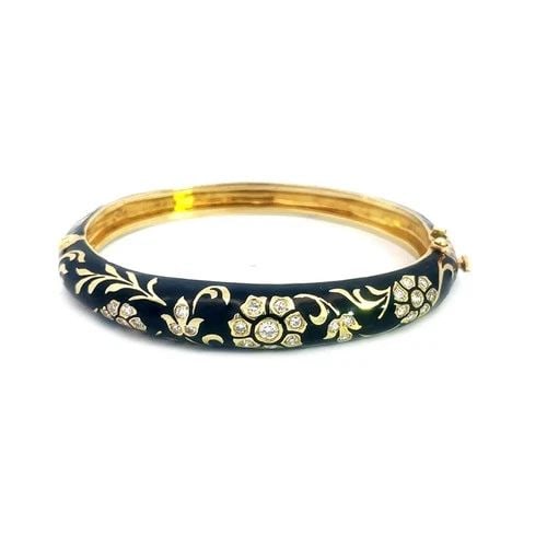 DIAMOND GOLD ENAMEL BANGLE 14K YELLOW FLORAL DOME SHAPE VINTAGE (1 of 1)