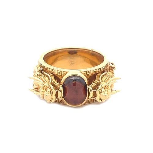 DRAGON GOLD & GEMSTONE RING 18K YELLOW 3D STUNNING SIZE 9.75: DRAGON GOLD & GEMSTONE RING 18K YELLOW 3D STUNNING SIZE 9.75 This is an impressive wide band ring, it is crafted from 18k yellow gold featuring a 12mm wide band with scroll design around both edge of 
