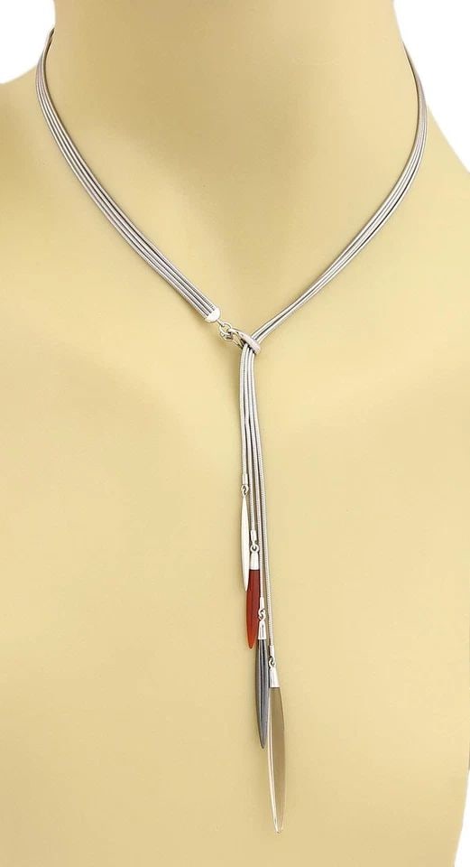 TIFFANY & CO. GOLD NECKLACE 18K WHITE MULTI CHAIN SPEARS DANGLE LARIAT STYLE: TIFFANY & CO. GOLD NECKLACE 18K WHITE MULTI CHAIN SPEARS DANGLE LARIAT STYLE This is an authentic lariat necklace by Tiffany & Co. from the Feather collection. It is crafted from 18k white gold in a p